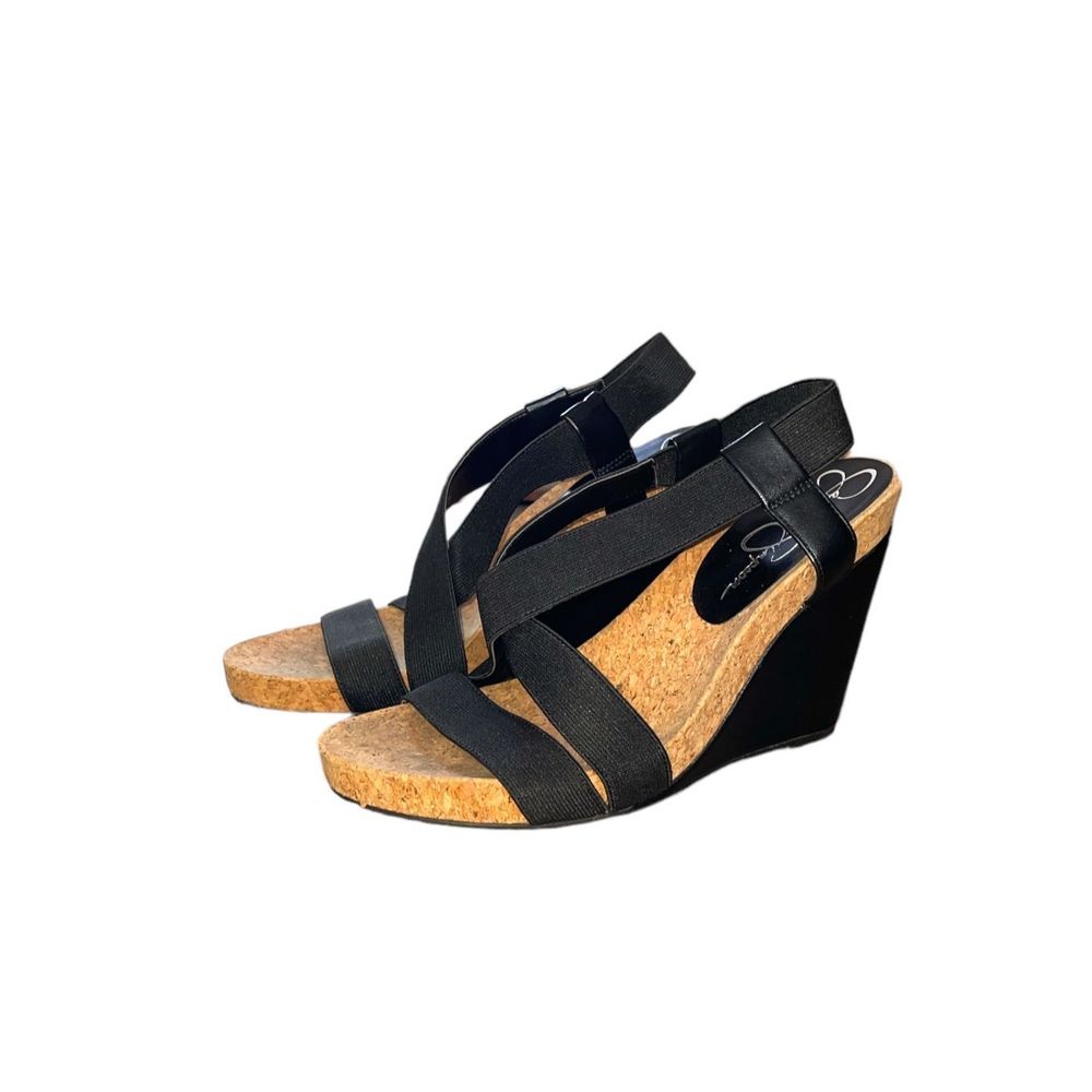 Jessica Simpson Bragani black wedge cork strappy sandal 9M